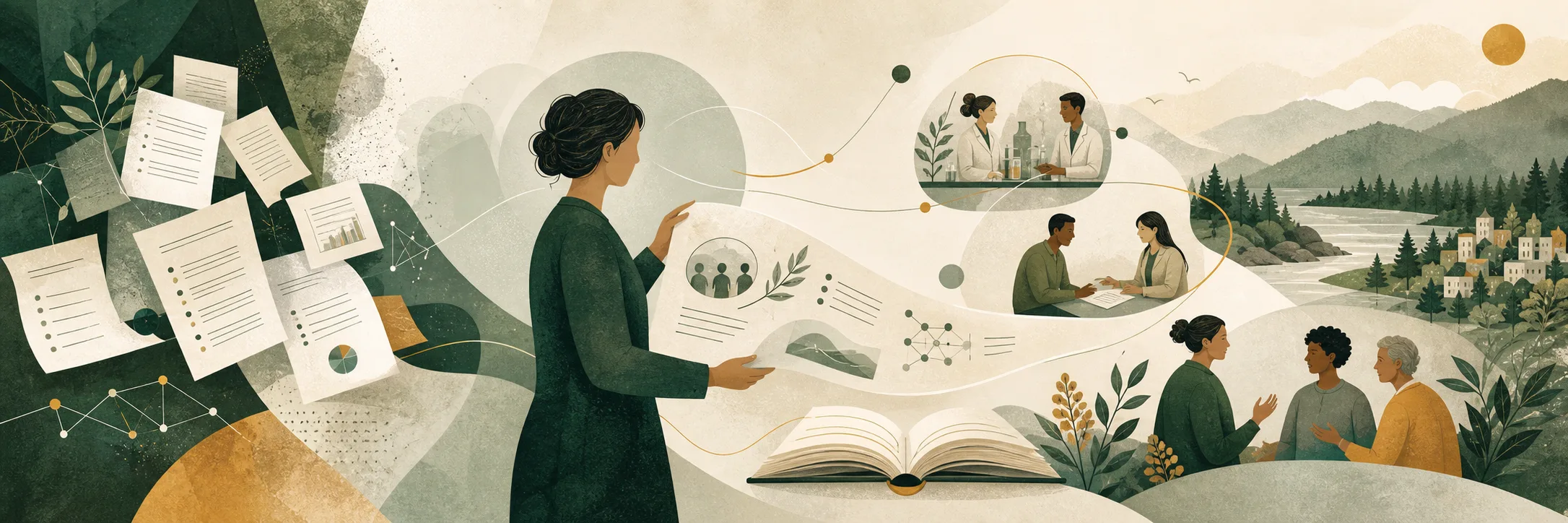 An illustrated researcher connecting CV documents with research, collaboration, mentorship, and community outcomes.
